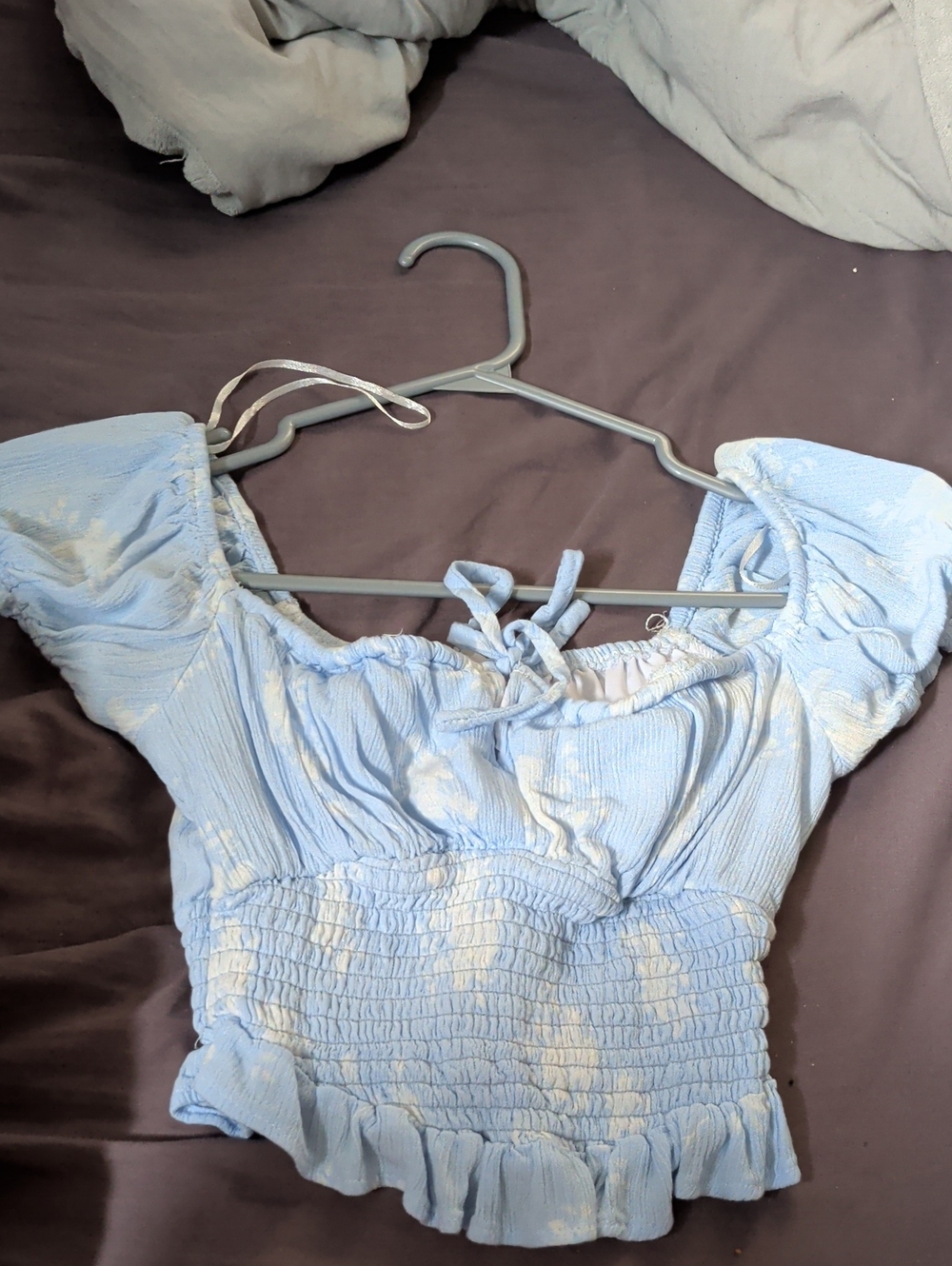 Bluenotes Light Blue & White Tie-Dye Smocked Off-Shoulder Crop Top